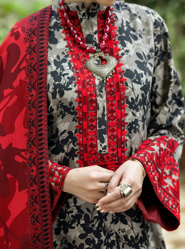 MB 437-3 Piece Unstitched Digital Printed Heavy Embroidered Lawn Suit ( Fine Printed Lawn Dupatta )