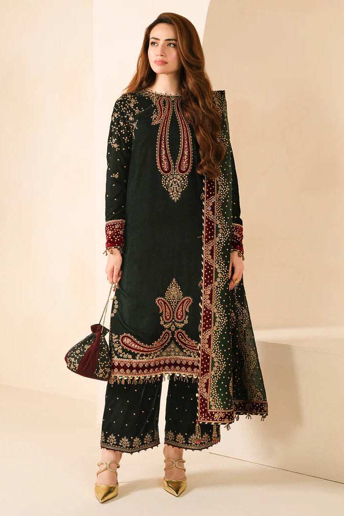 JZ 999-3 Pc Embroidered Velvet Shirt and Trouser with Chiffon Dupatta