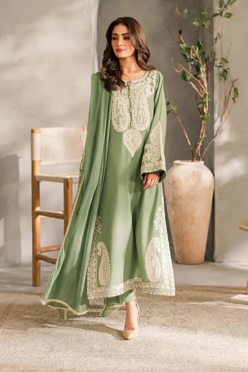 MR-2740  3Pc-Unstitched Embroidered Lawn Fabric With Embroidered Chiffon Dupatta