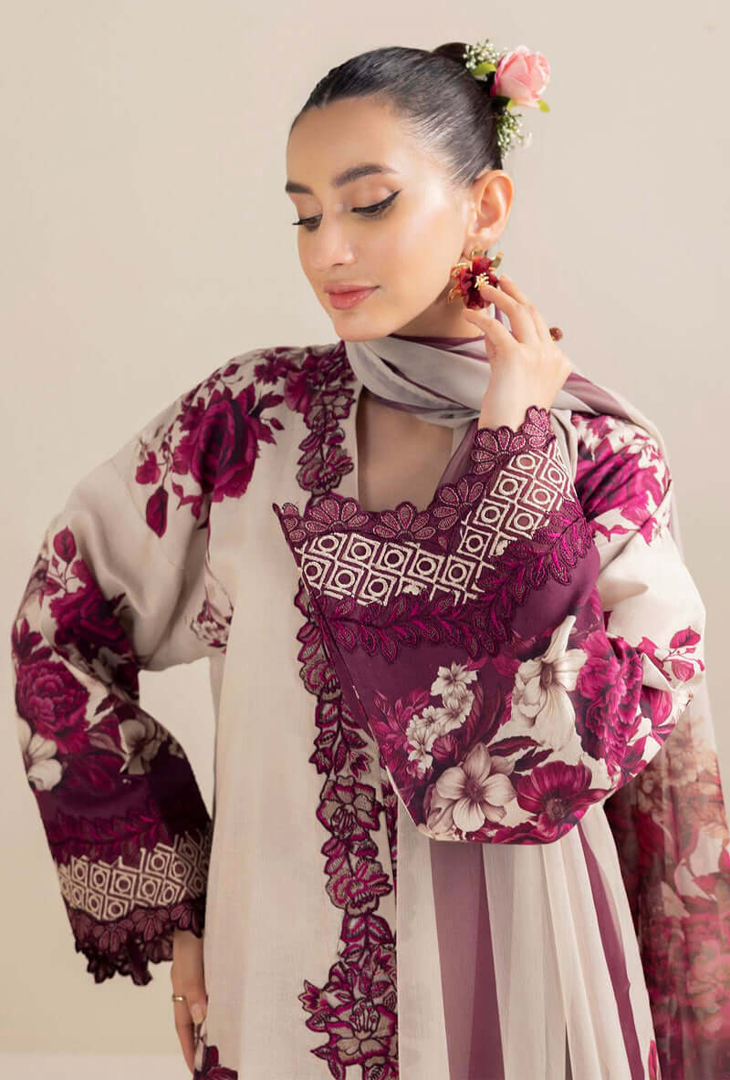 3 Piece Unstitched Embroidered Lawn Suit ( Printed Lawn Dupatta ) AD-476