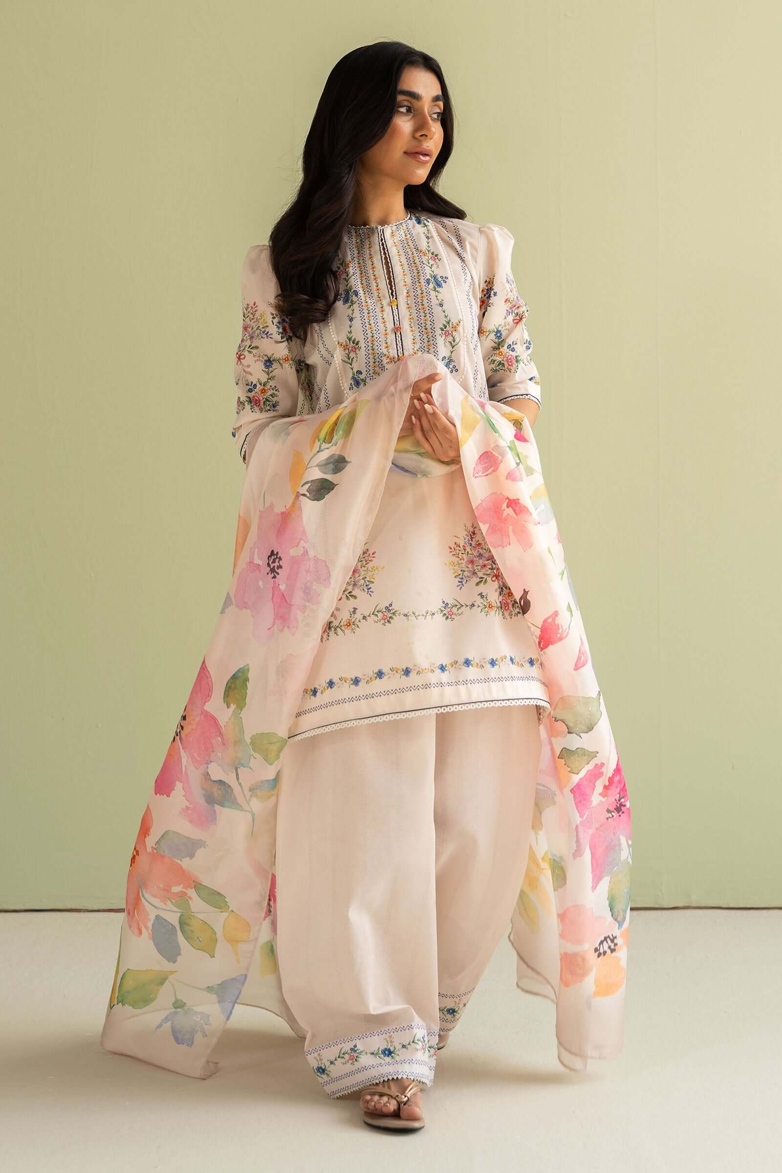 3 Piece Unstitched Digital Printed Lawn Suit ( Fine Printed Silk Dupatta )
