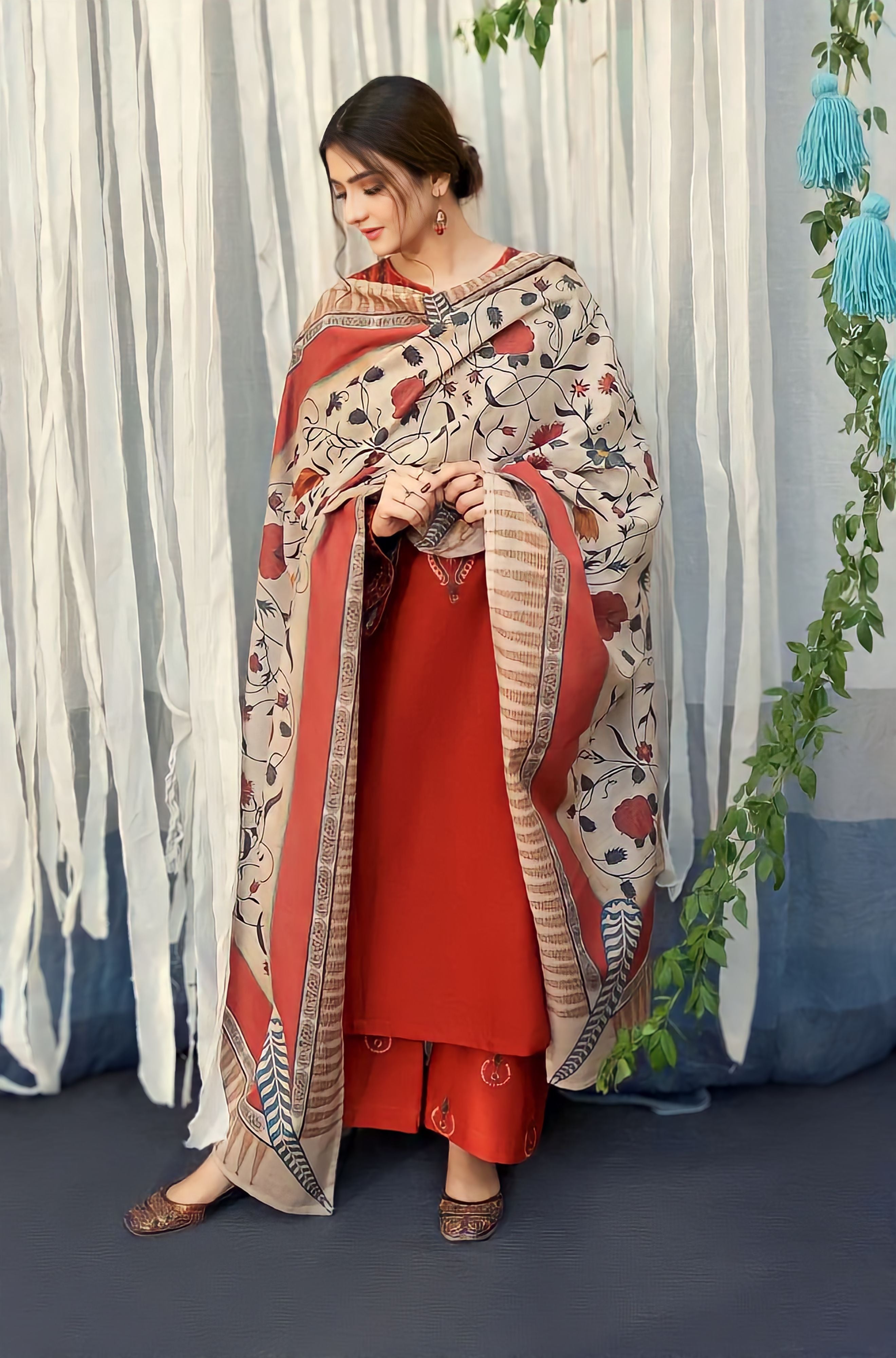 BR 845-3 Piece - Unstitched Embroidered Dhanak Fabric With Wool Shawl