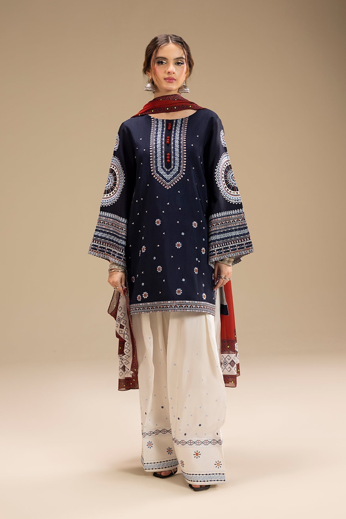 RR 610-3 Piece - 3 Piece Embroidered Dhanak Fabric with Printed Monar Dupatta