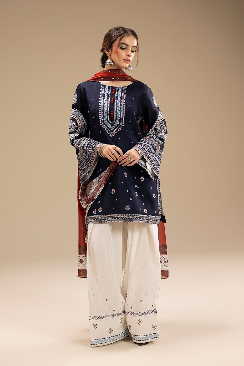 RR 610-3 Piece - 3 Piece Embroidered Dhanak Fabric with Printed Monar Dupatta
