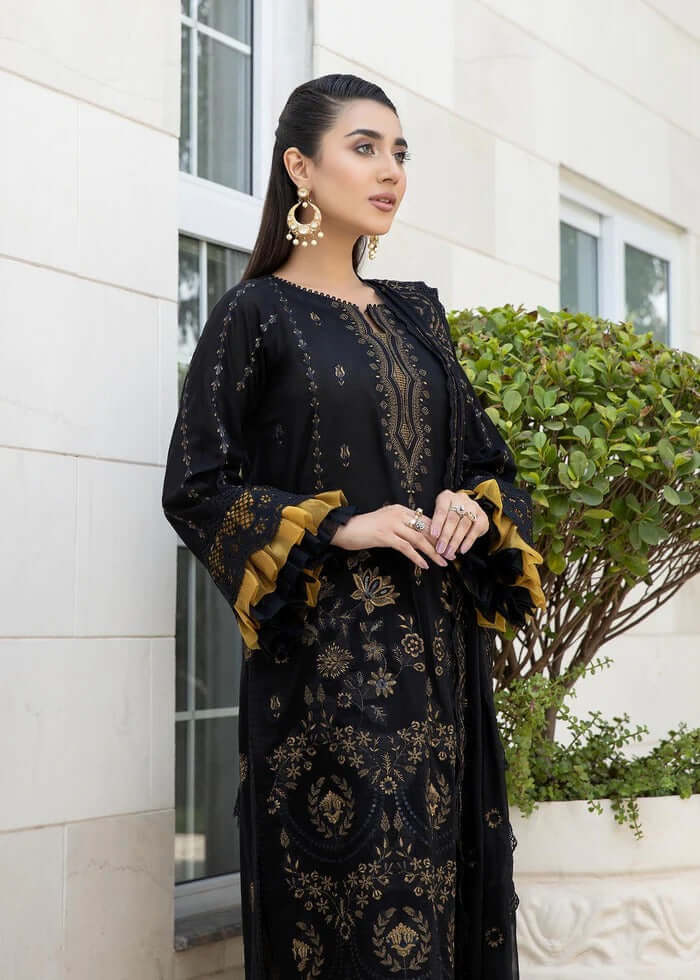 BA 06-3 Piece Unstitched Heavy Embroidered Chickan Kari Lawn Suit ( Fully Embroidered Organza Dupatta )