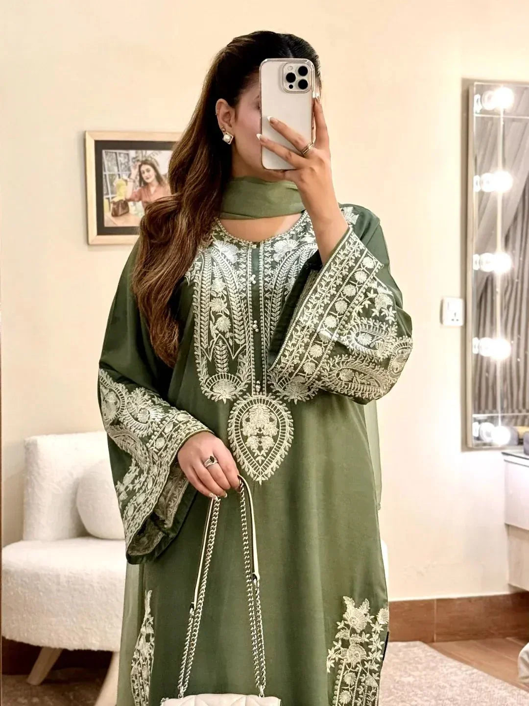 MR-2740  3Pc-Unstitched Embroidered Lawn Fabric With Embroidered Chiffon Dupatta