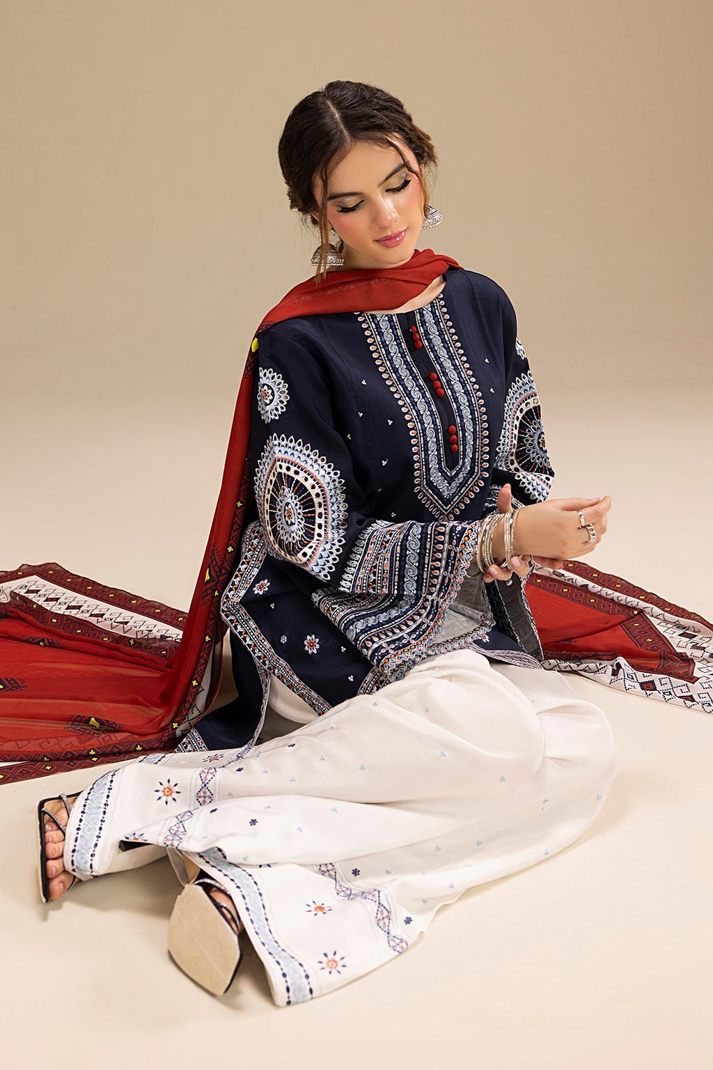 RR 610-3 Piece - 3 Piece Embroidered Dhanak Fabric with Printed Monar Dupatta