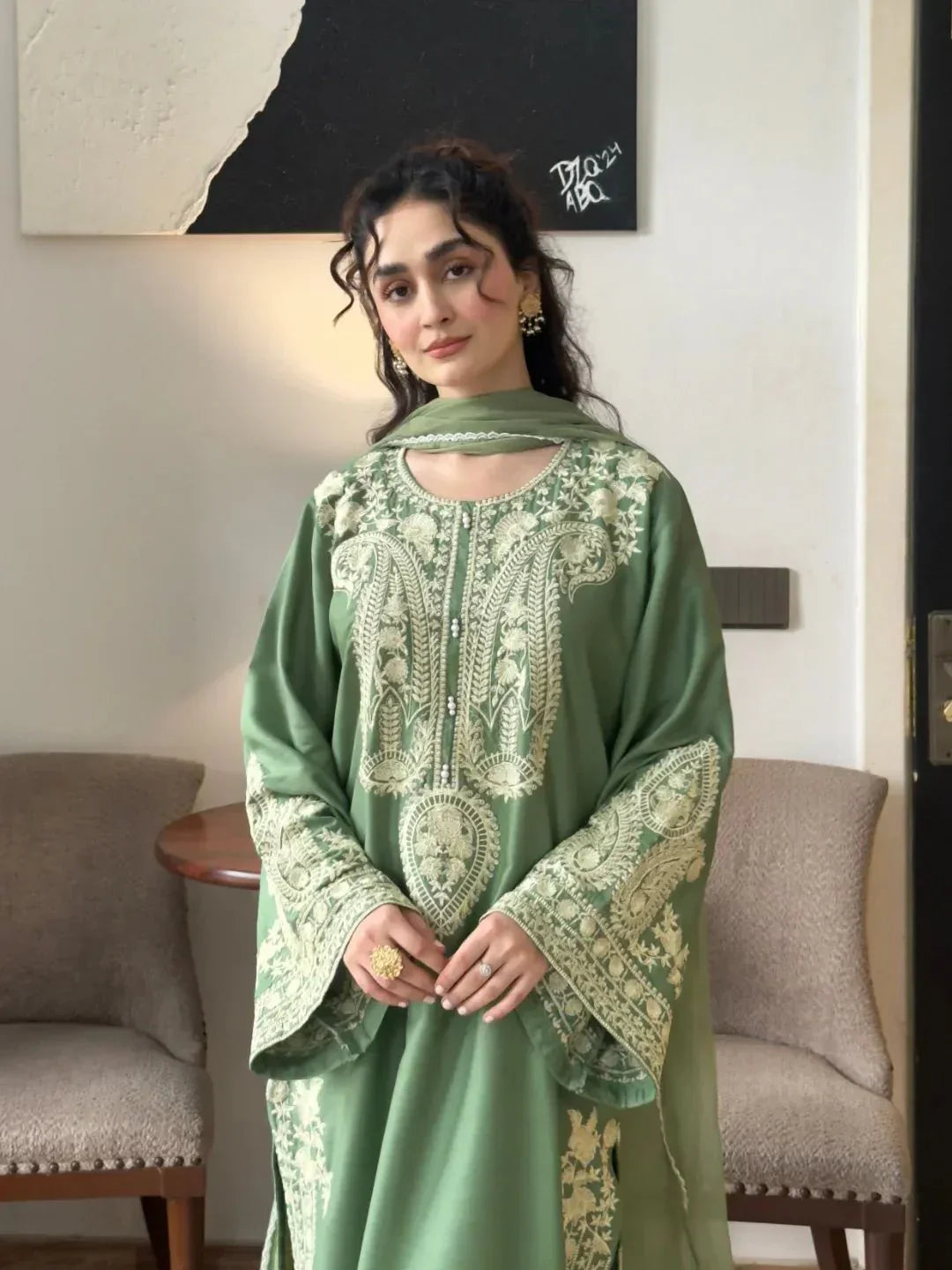 MR-2740  3Pc-Unstitched Embroidered Lawn Fabric With Embroidered Chiffon Dupatta