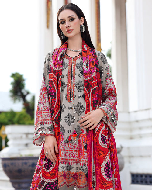 3 Piece - Unstitched Digital Printed Khaddar Fabric With Embroidered Laces CH-75