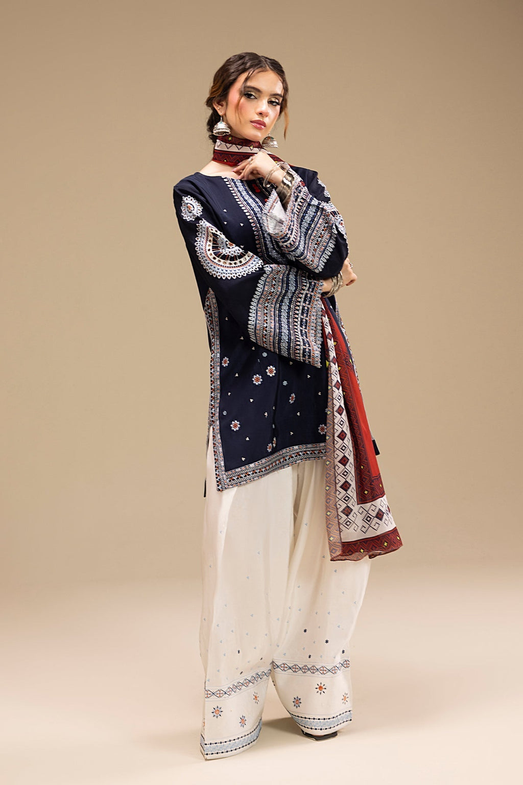 RR 610-3 Piece - 3 Piece Embroidered Dhanak Fabric with Printed Monar Dupatta