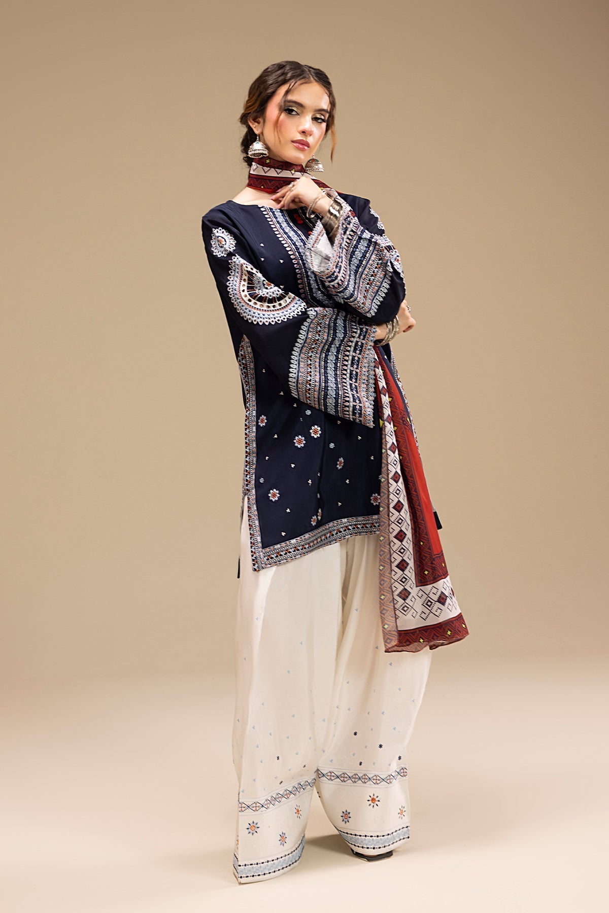 RR 610-3 Piece - 3 Piece Embroidered Dhanak Fabric with Printed Monar Dupatta