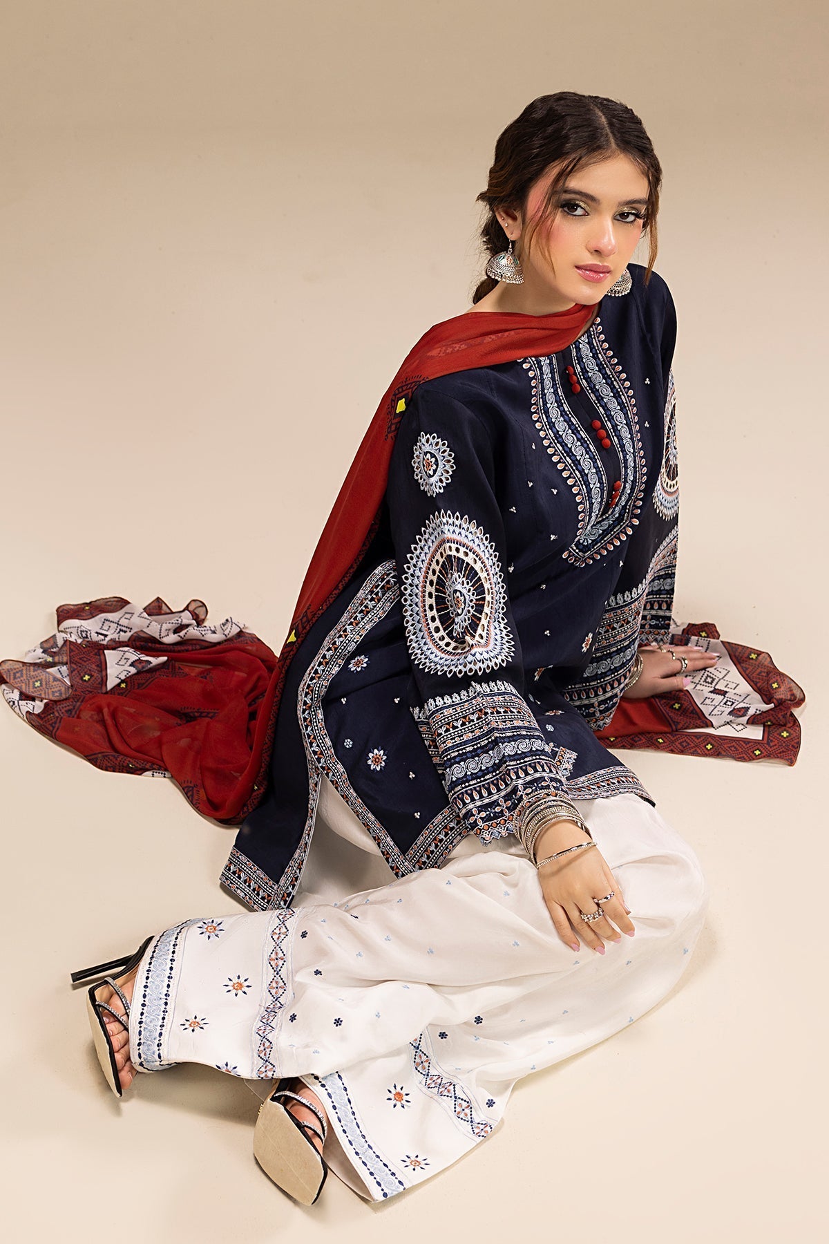 RR 610-3 Piece - 3 Piece Embroidered Dhanak Fabric with Printed Monar Dupatta