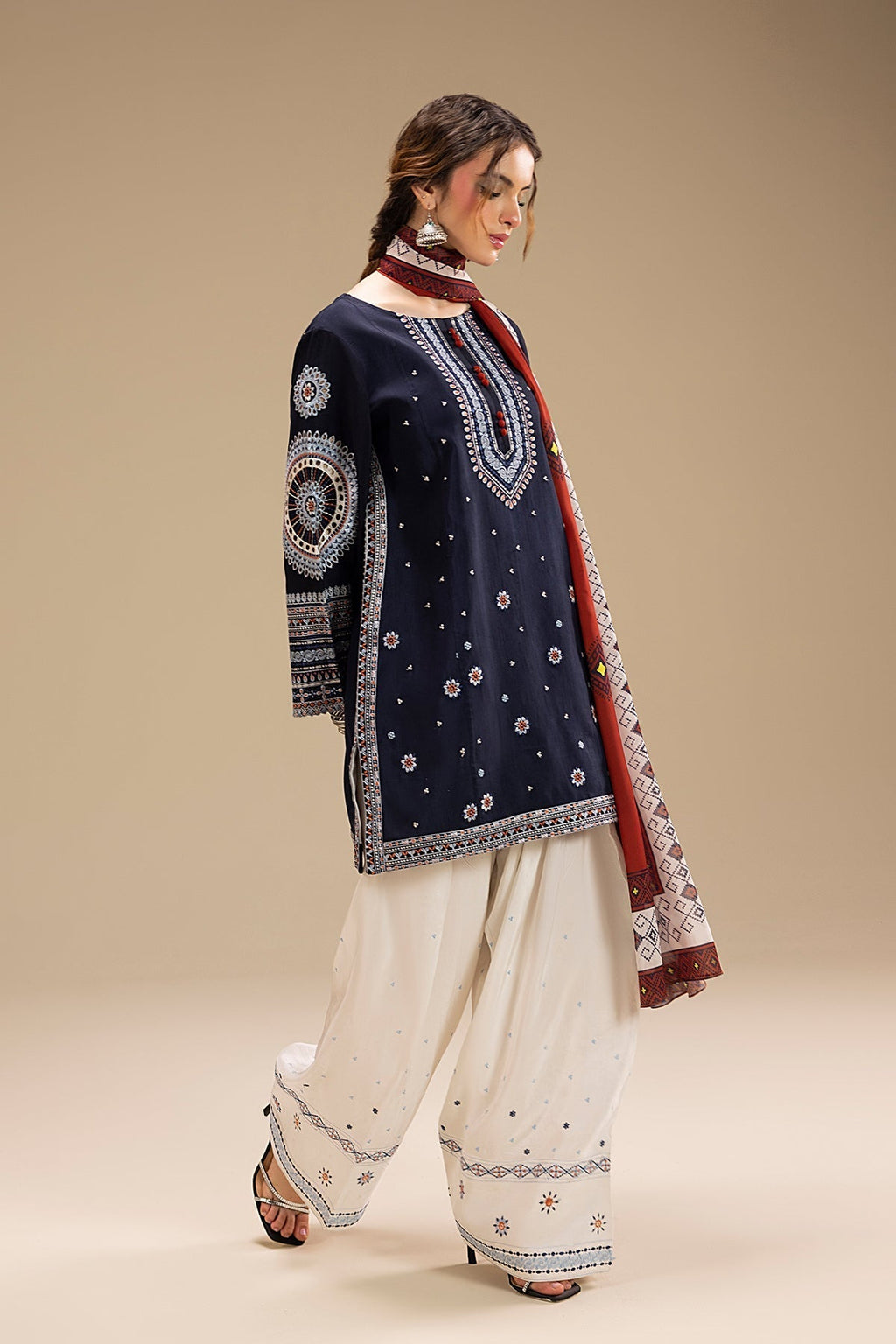 RR 610-3 Piece - 3 Piece Embroidered Dhanak Fabric with Printed Monar Dupatta