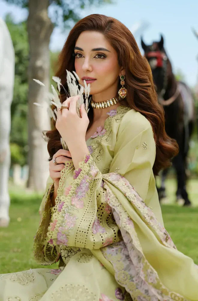 EL-2720  3Pc-Unstitched Fully Embroidered Lawn Fabric With Embroidered Cotton Net Dupatta