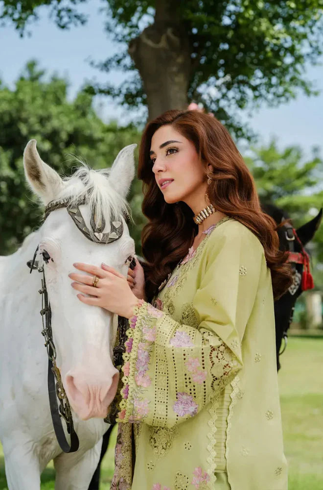 EL-2720  3Pc-Unstitched Fully Embroidered Lawn Fabric With Embroidered Cotton Net Dupatta