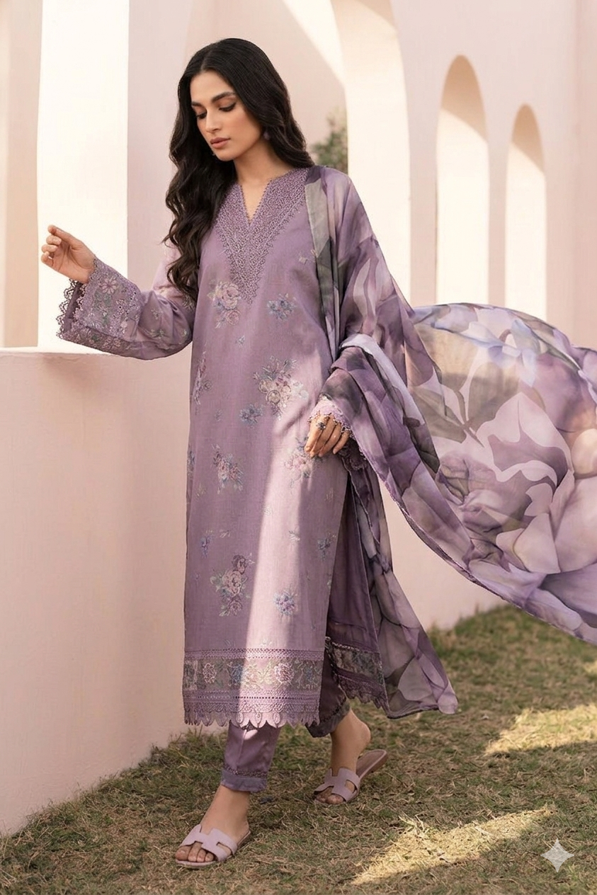 3 Piece - Unstitched Digital Printed Lawn Fabric With Lawn Dupatta