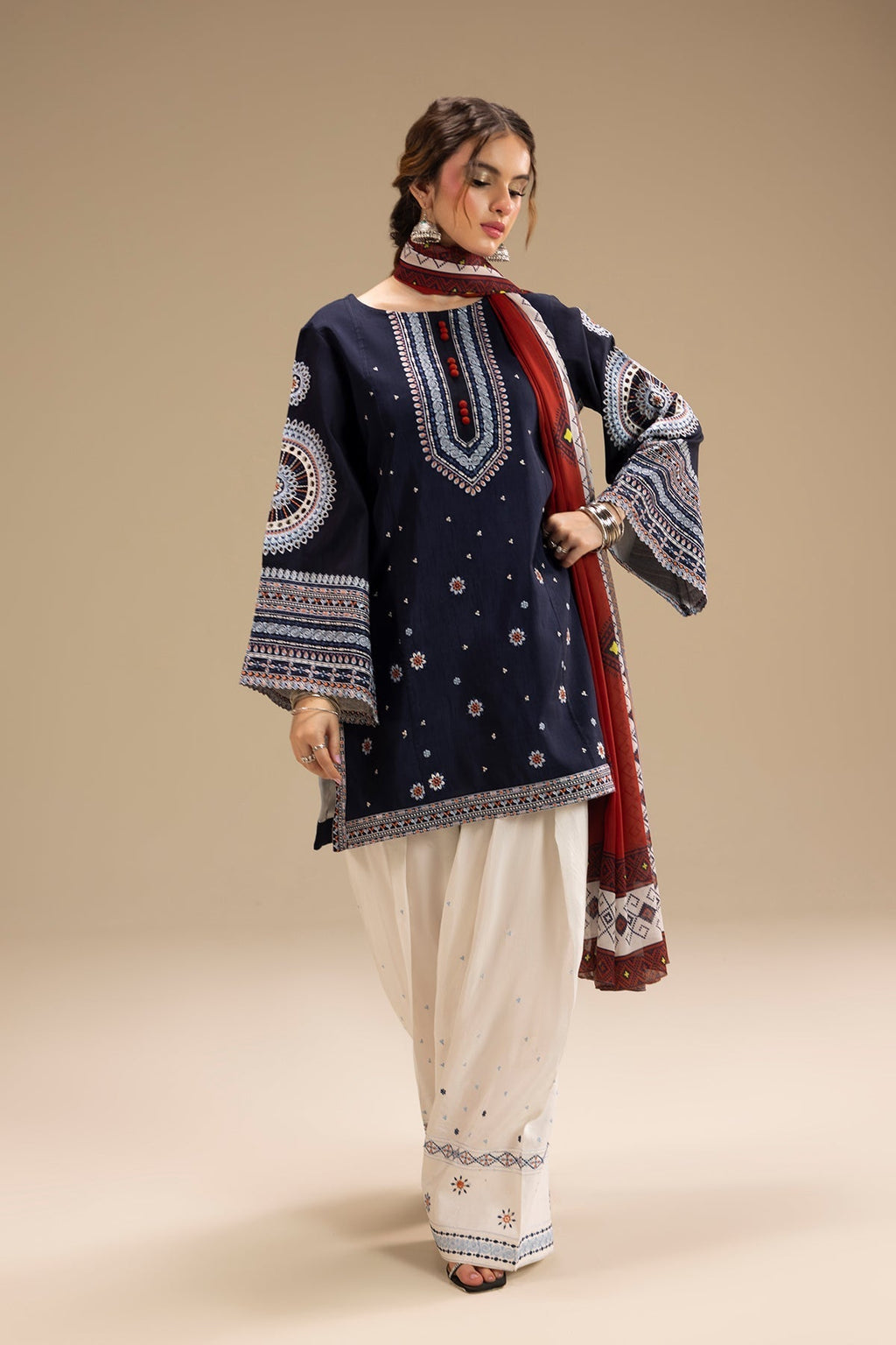 RR 610-3 Piece - 3 Piece Embroidered Dhanak Fabric with Printed Monar Dupatta