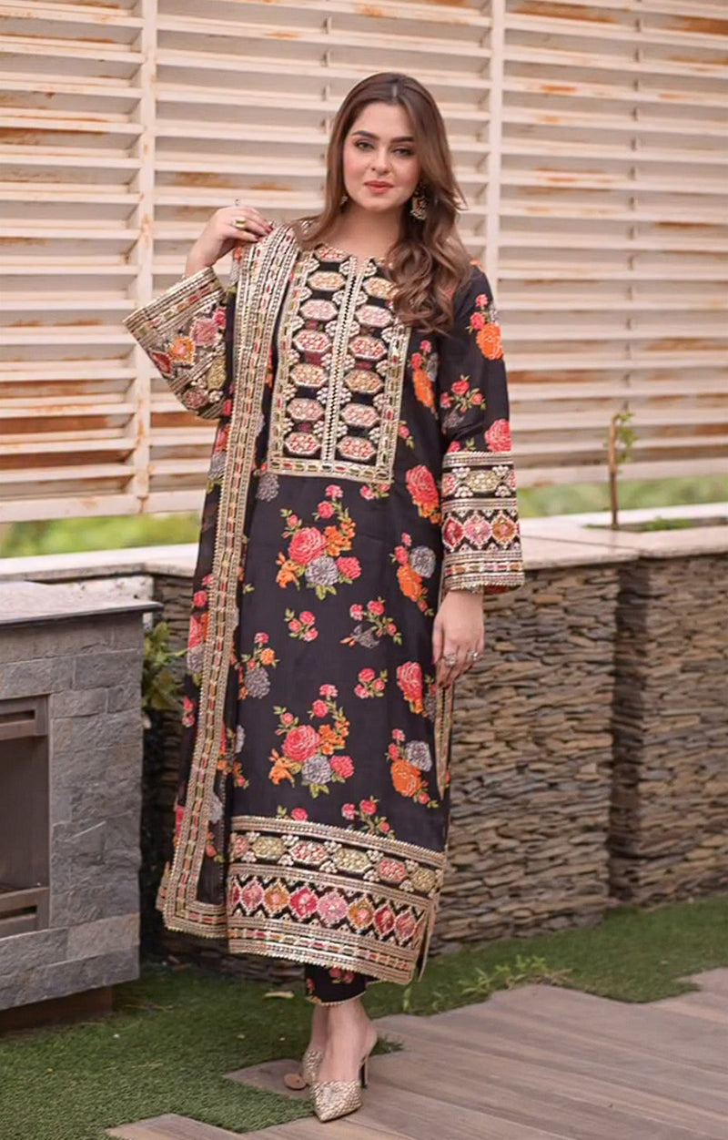 Aneelas Luxury Silk Unstitched 3 Piece Suit - Black